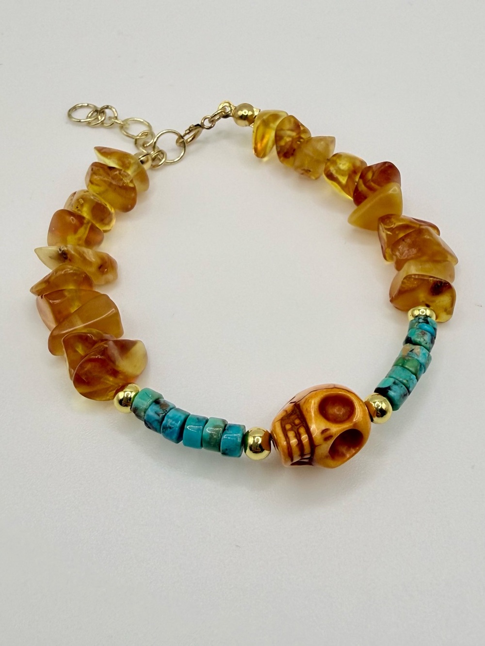Rae Realley Fine Jewelry Heshi Turquoise & Amber Skull Bracelet NWT Handmade